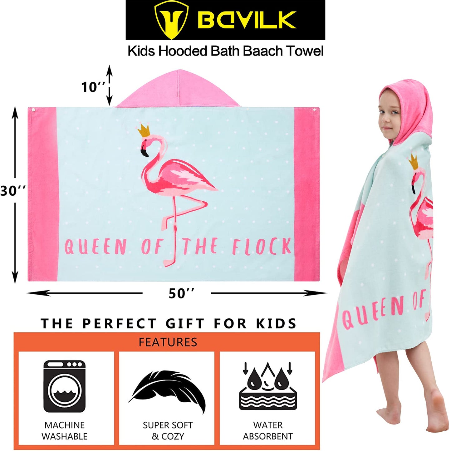 Bavilk Kids Hooded Bath Beach Towel Girls Boys Swim Pool Cover Up Super Absorbent Cute Cartoon Animal Full Vitality (Crown Flami