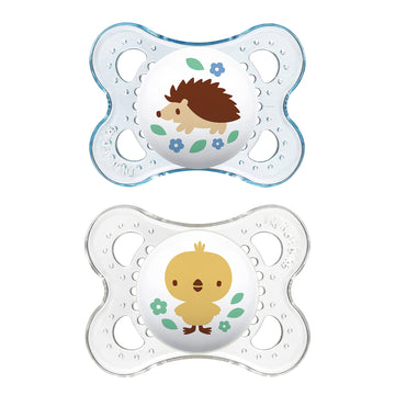 Mam Original Baby Pacifier, Nipple Shape Helps Promote Healthy Oral Development, Sterilizer Case, 2 Pack 0-6 Months, Clear/Boy