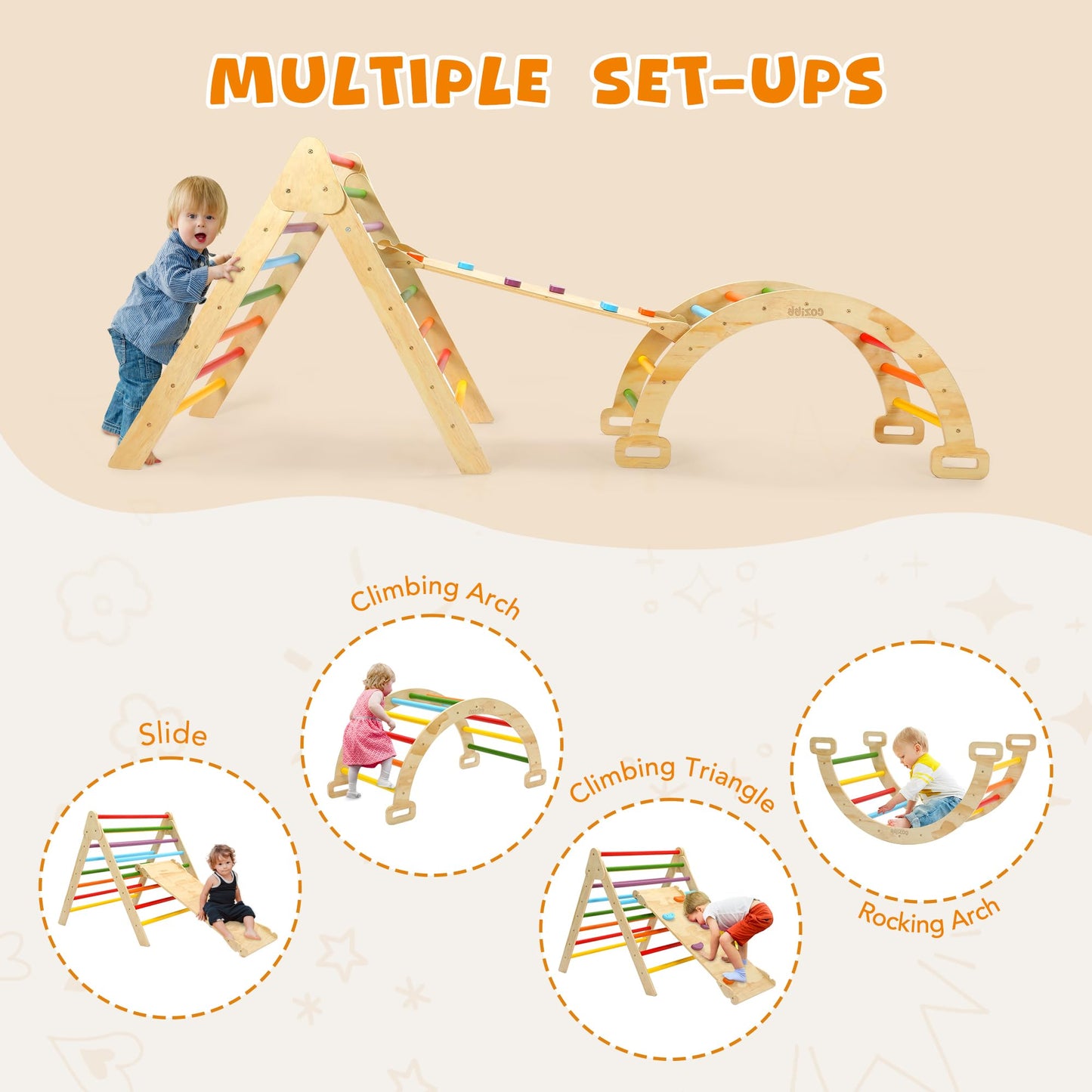 Cozibb Pikler Triangle Set, 5 In 1 Large Wooden Montessori Climbing Toys (Rainbow, Large: 3-6+ Years)