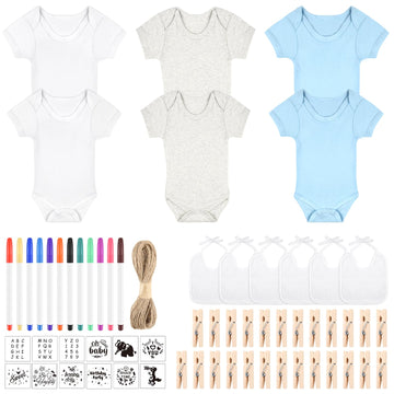 Bouboni 60 Pcs Diy Baby Bibs Bodysuit Set Baby Shower Game 6 White Baby Bibs 6 Multicolor Newborn Bodysuit 12 Fabric Markers 12