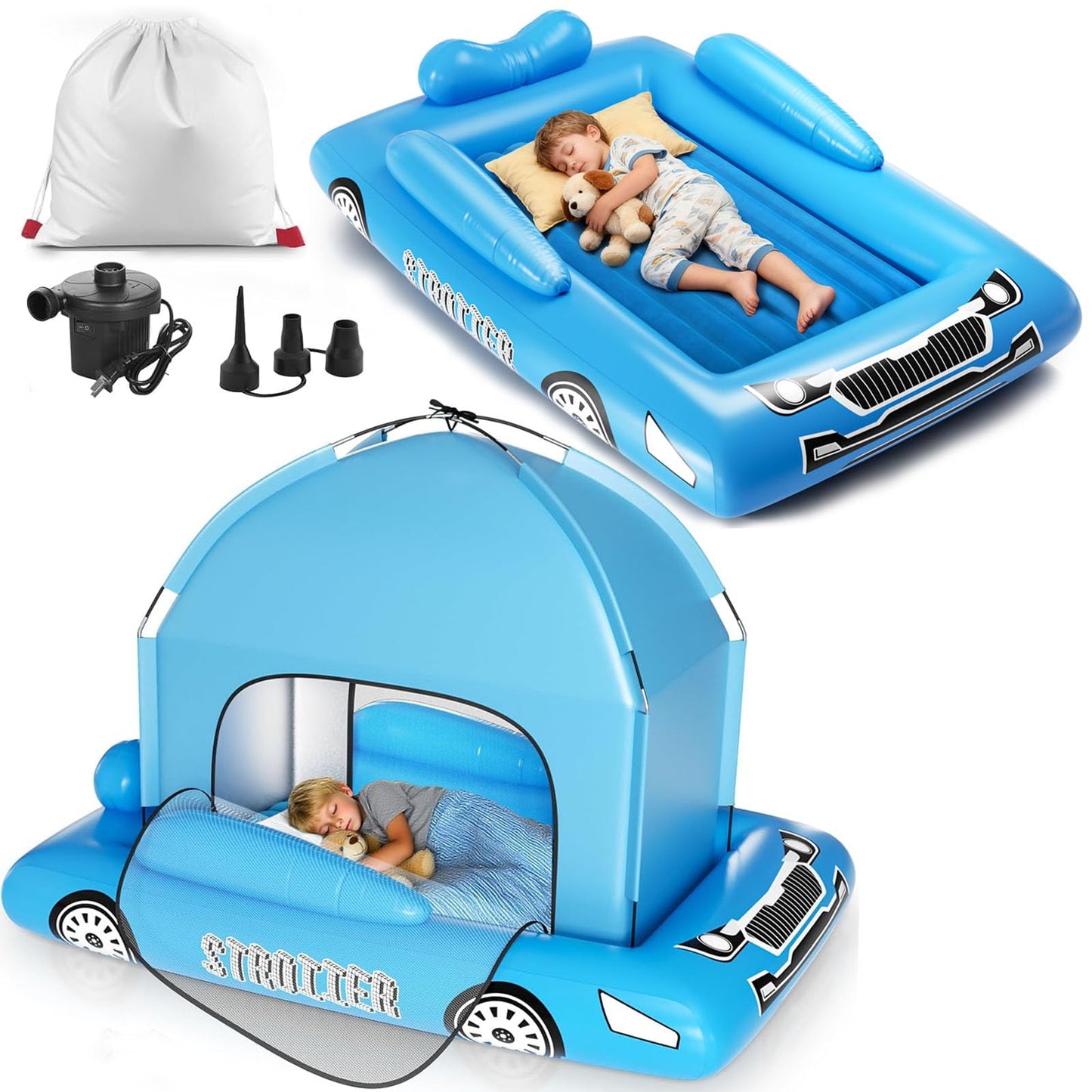 Inflatable Kids Travel Bed with Tent - Foldable Portable Bed for Kid Ages 3+ - Blow Up Kids Air Mattress with Safety Sides, Fast