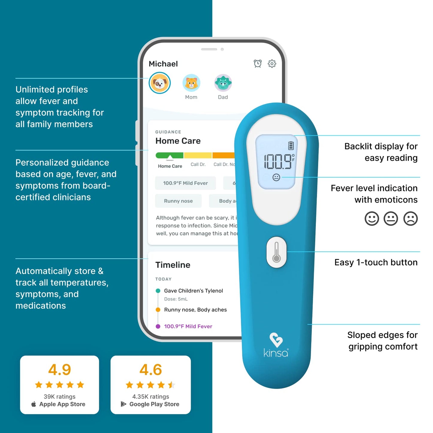 Kinsa Quickscan Smart Thermometer - No-Touch, Contactless Digital Forehead Thermometer For Babies, Kids, Adults - Works With A S