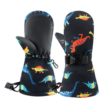 Bavst Winter Kids Waterproof Gloves For Boys Girls Snow Ski Toddler Baby Mittens Outdoor For Infant Teens 1-5T (N-Black Dinosaur