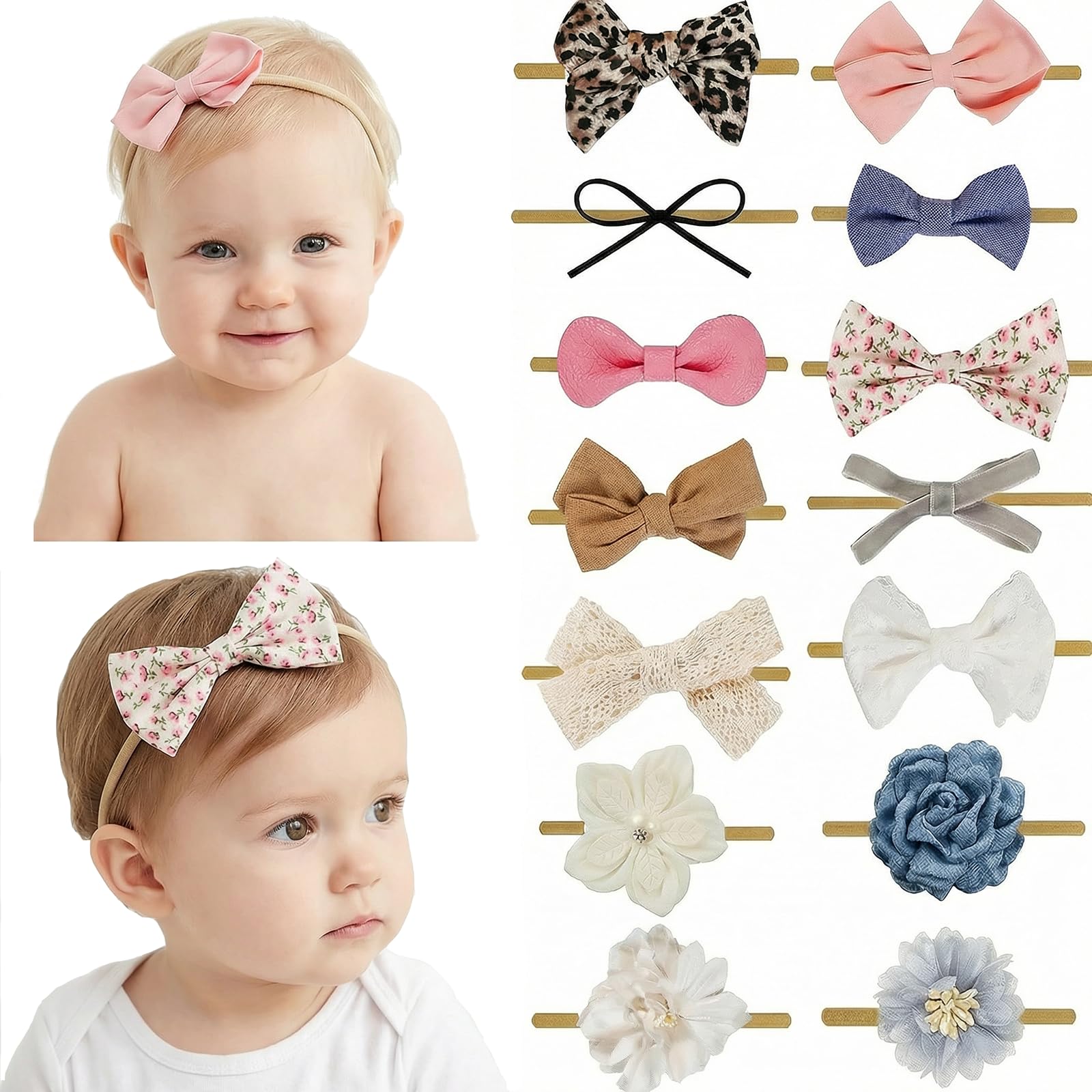 Clipband Baby Girl Headbands Nylon Flower Elastic Hairbands 14pcs Hair Accessories Gift for Newborn Infant Toddlers (White)