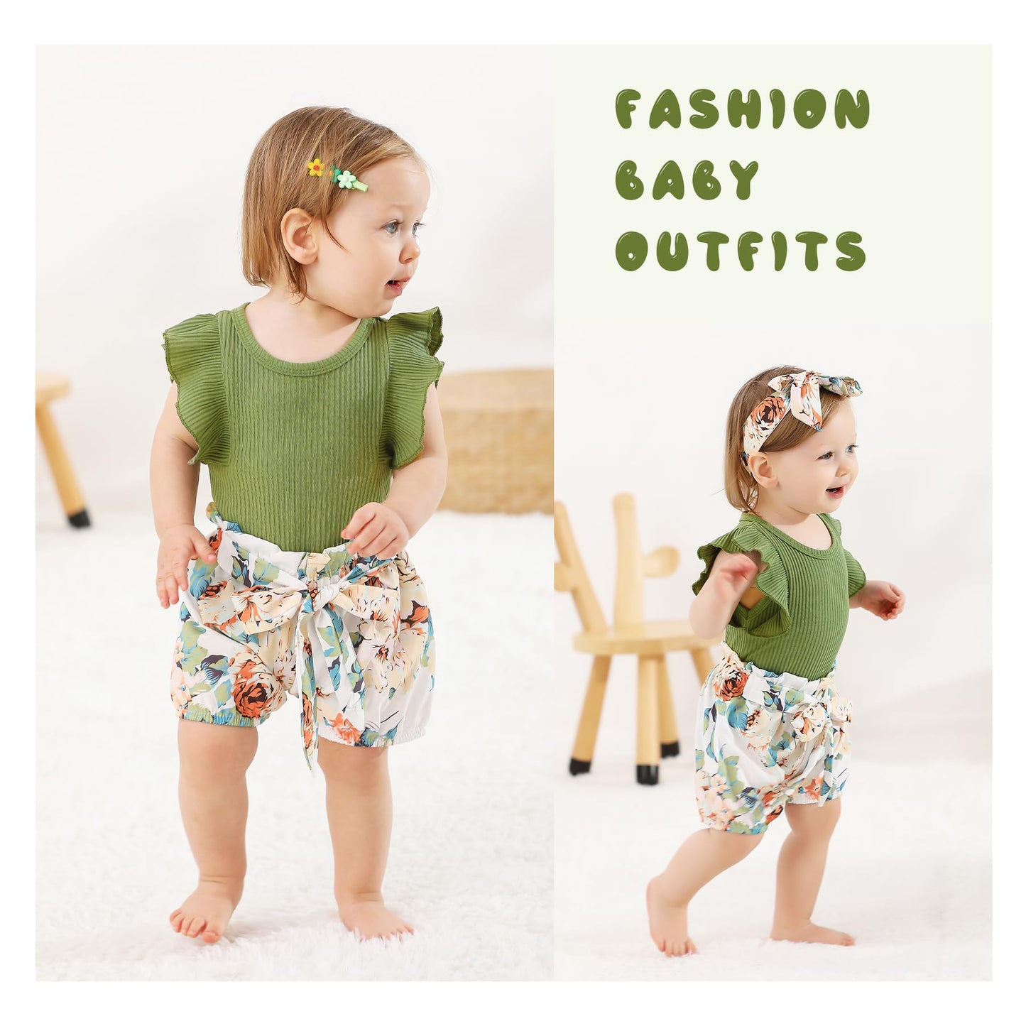 Tiny Cutey Baby Girl Clothes Infant Summer Outfits Set Ruffle Sleeve Romper And Floral Shorts With Headband (Sleeveless Green, 1