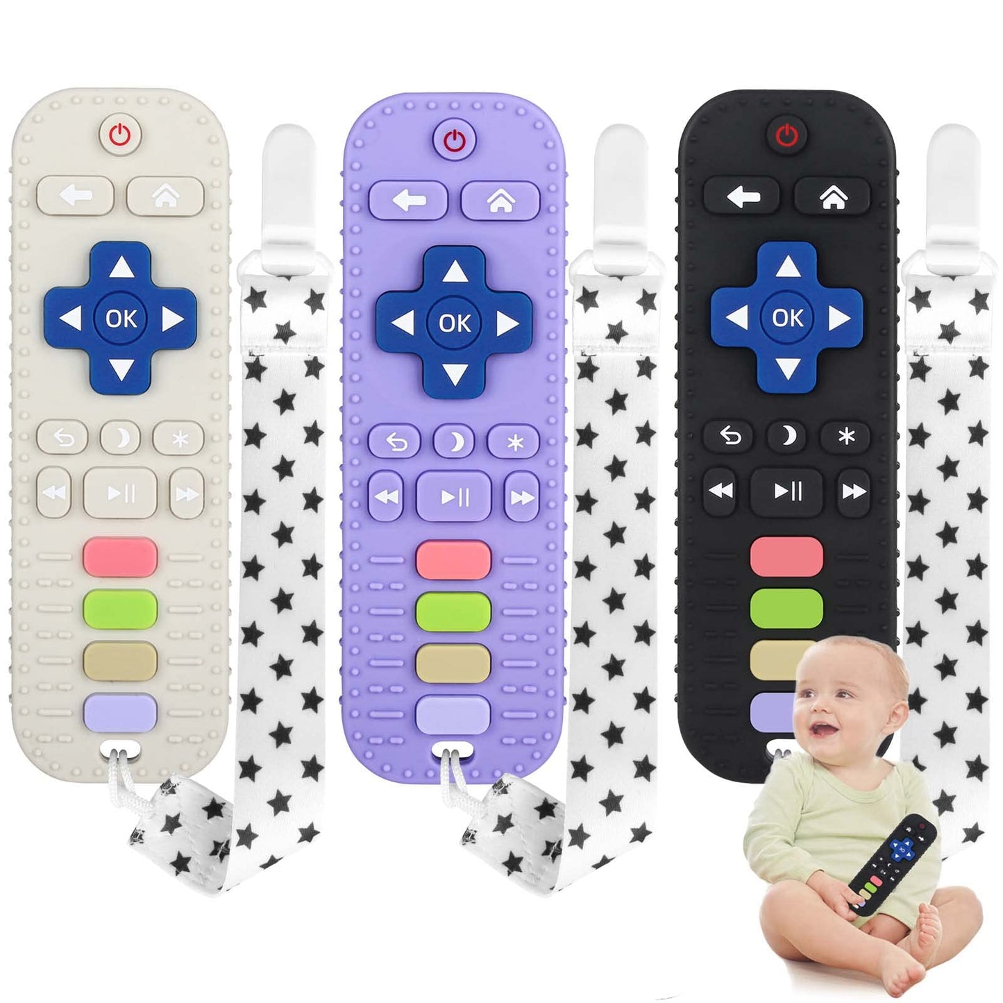 Chuya Silicone Baby Teether Chew Toy for Babies 3-24 Months, Teething Relief Baby Toys for Infants Remote Control Shape (3 Pack)