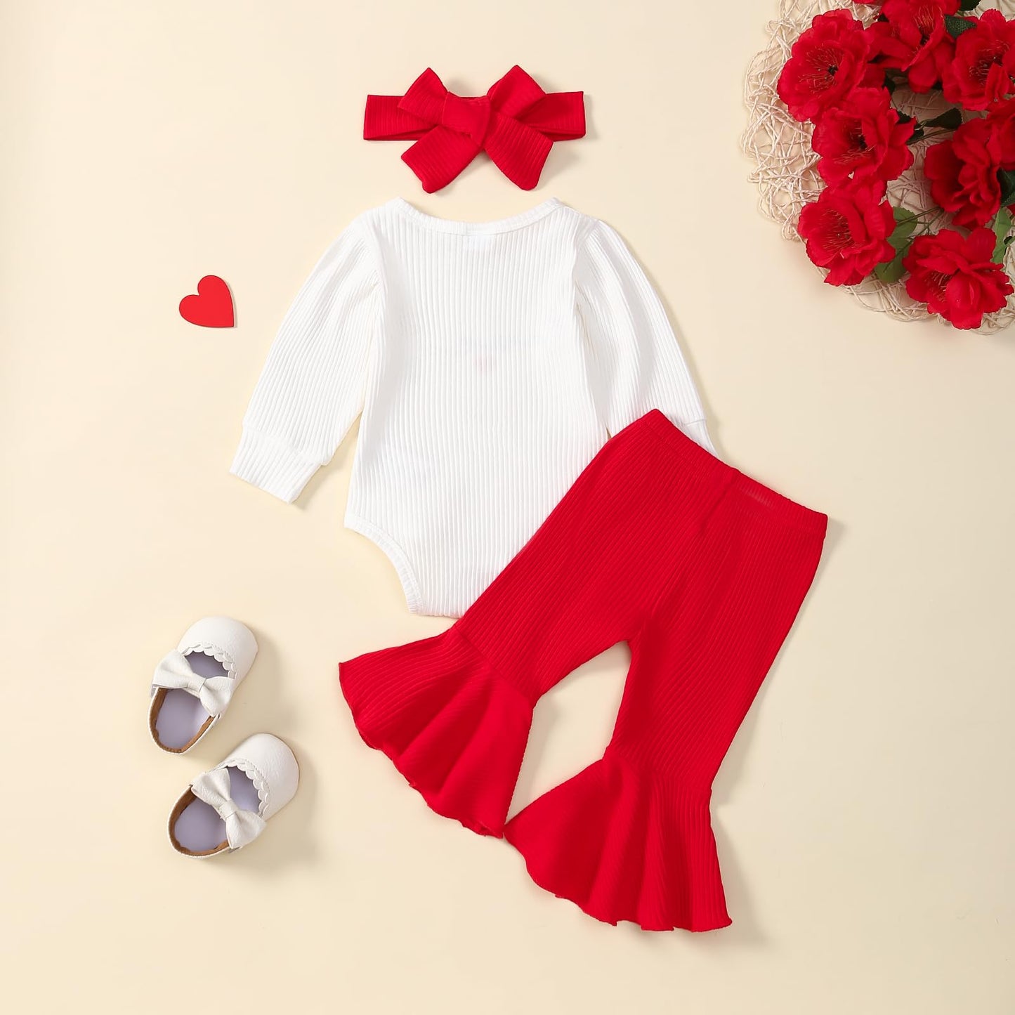 Adxsun Baby Girl Valentine'S Day Outfits Heart Print Romper+Flared Pants+Headband Infant Clothes 0-18 Months