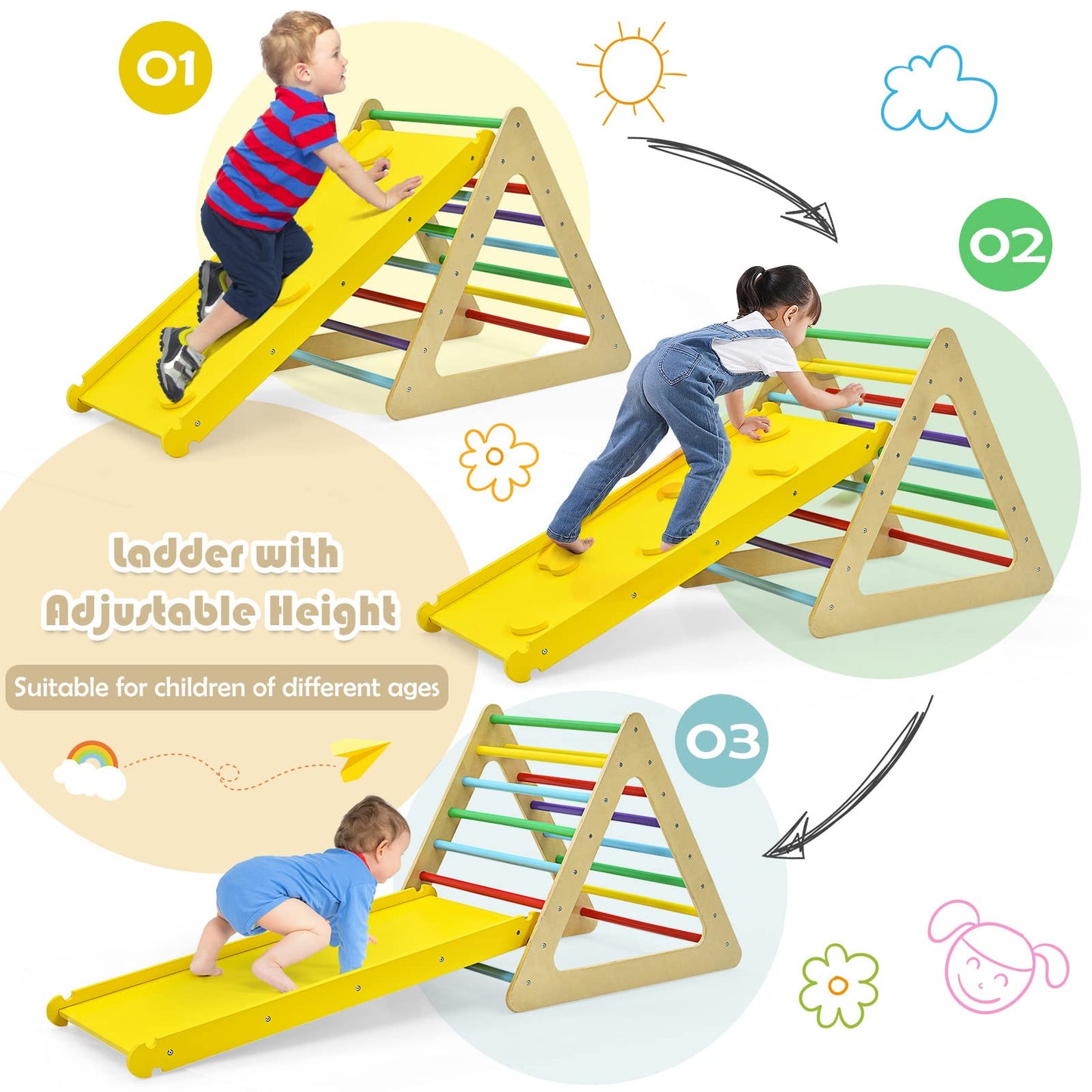 Costzon Climbing Toys For Toddlers, 3 In 1 Woodentriangle Climber With Ramp, Multi-Combination Play Methods, Kids Montessori Pla