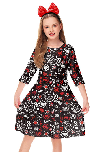 Girls Valentine Dresses Fancy Festival Graphic Printed Casual Family Party Cotton A-Line Dress 5-6 Years