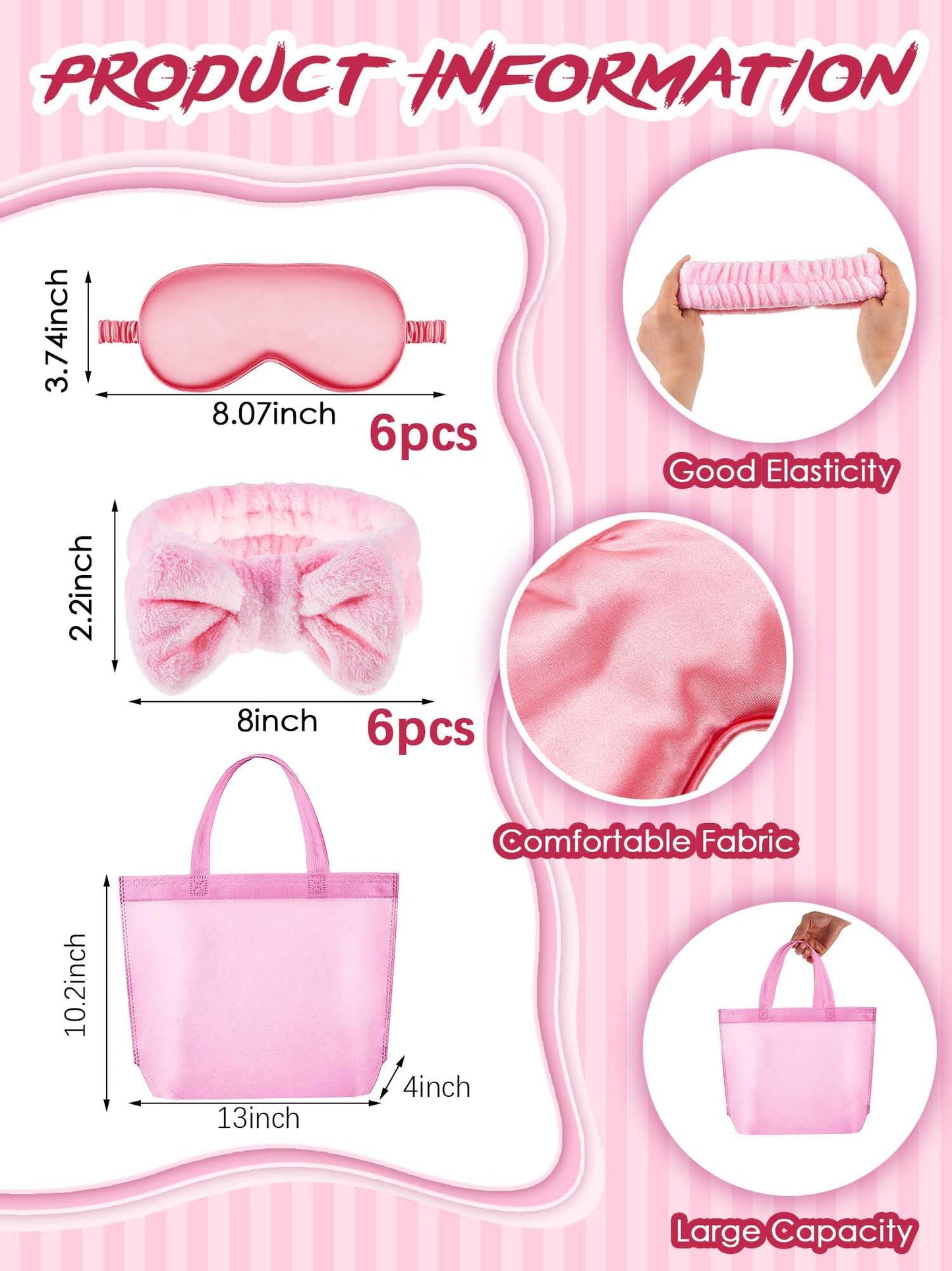 Sintuff 24 Pcs Sleepover Party Supplies For Girls 6 Spa Party Robes 6 Tote Bags 6 Headbands 6 Spa Masks(Size 12,Pink)