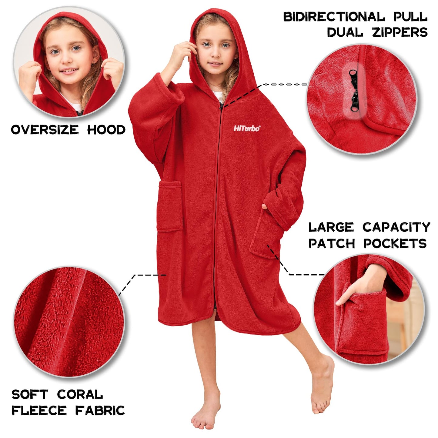 Hiturbo Kids Bath Towel Hoodie: Soft Plush Zipper Surf Poncho - Warm Fleece Changing Towels Swimming Outerwear (Red)