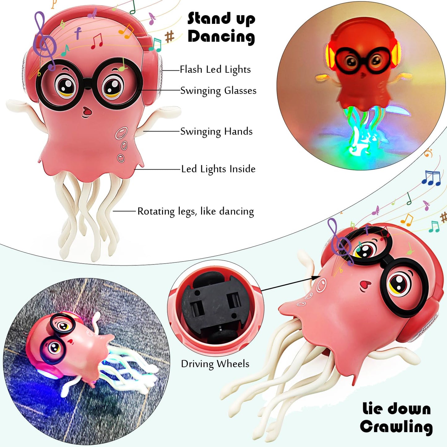 Tipmant Baby Toddler Electric Jellyfish Toys Cute Electronic Octopus Animal Vehicle Car, Dance, Crawl, Music, Luminous Lights, K