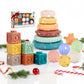 ROHSCE Montessori Toys for Babies, 3 in 1 Baby Toys 6 to 12 Months - Stacking Blocks & Sensory Balls & Soft Teething Rings, Newb