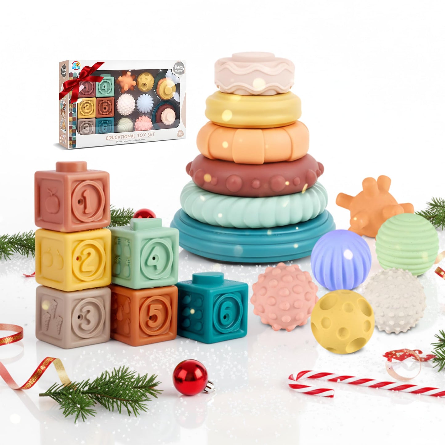 ROHSCE Montessori Toys for Babies, 3 in 1 Baby Toys 6 to 12 Months - Stacking Blocks & Sensory Balls & Soft Teething Rings, Newb