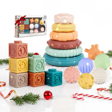 ROHSCE Montessori Toys for Babies, 3 in 1 Baby Toys 6 to 12 Months - Stacking Blocks & Sensory Balls & Soft Teething Rings, Newb