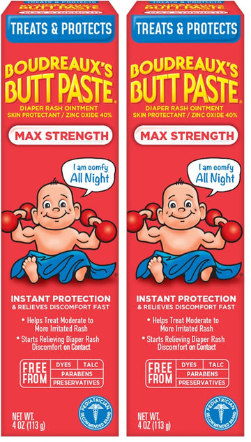 Boudreauxs Butt Paste Maximum Strength Diaper Rash Cream, Ointment for Baby, 4 oz Tube (Pack of 2)