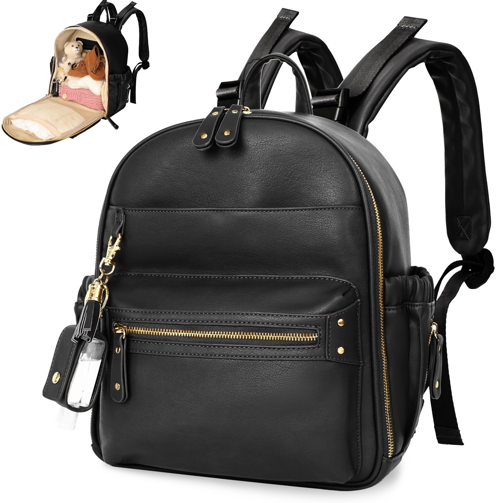 Miss Fong Mini Diaper Bag Backpack Leather Diaper Bag, Baby Diaper Bag, Small Diaper Bag, 11 Pockets Diaper Bag Organizer With H