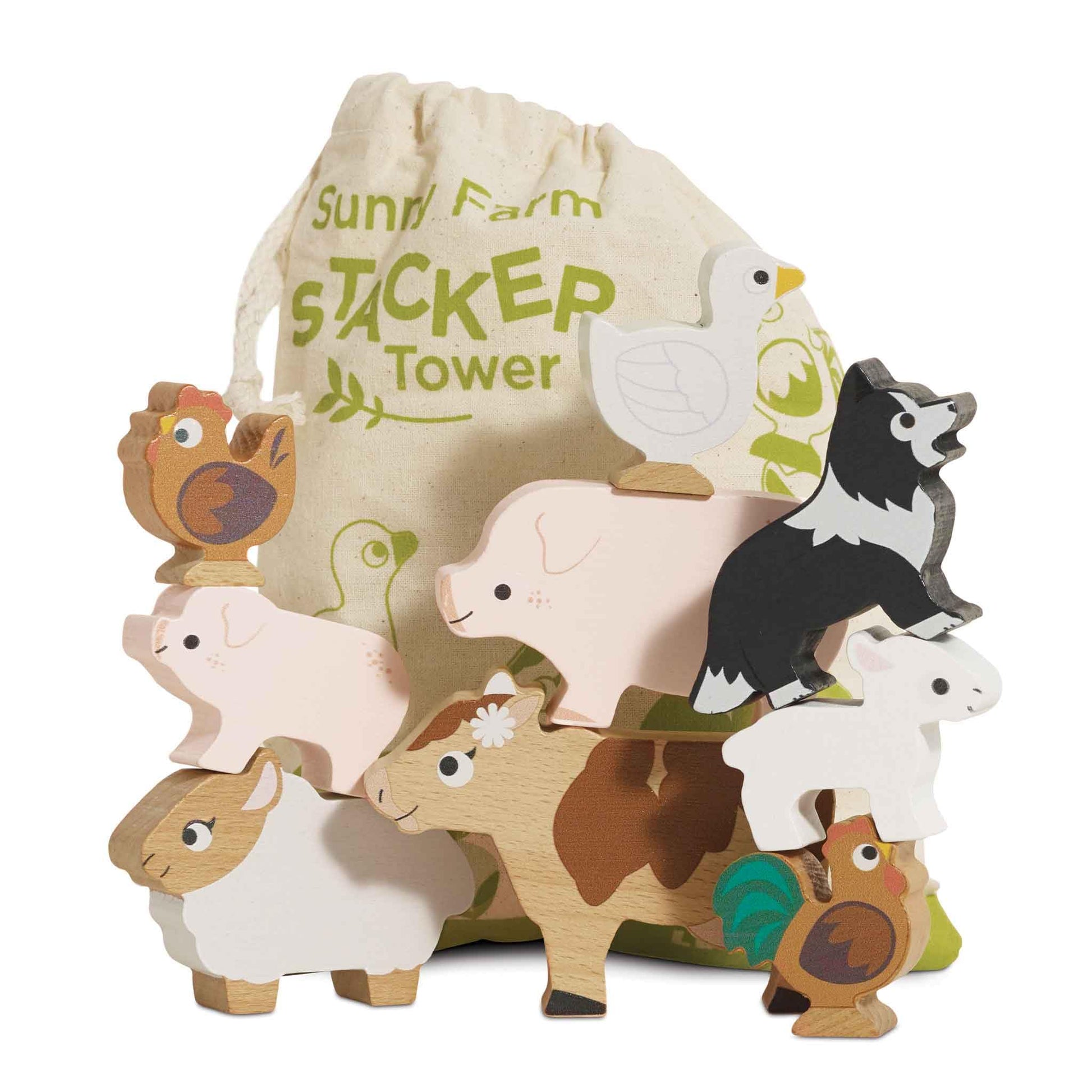 Le Toy Van Wooden Sunny Farm Stacker & Bag Educational Balancing Activity, Plastic Free, Toy Suitable for Age 18+ Months PL141