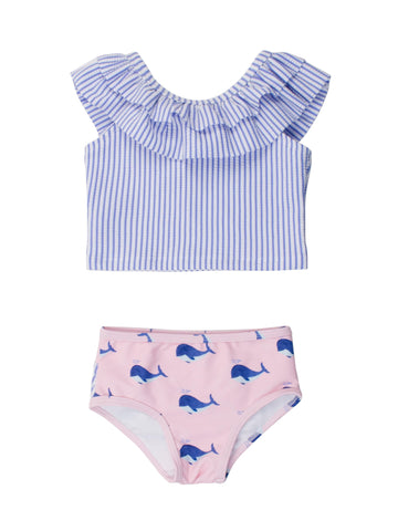 Rufflebutts Baby/Toddler Girls Cropped 2-Piece Sleeveless Tankini Swimsuits With Upf50+ Sun Protection - Pink Whale Friends, 6