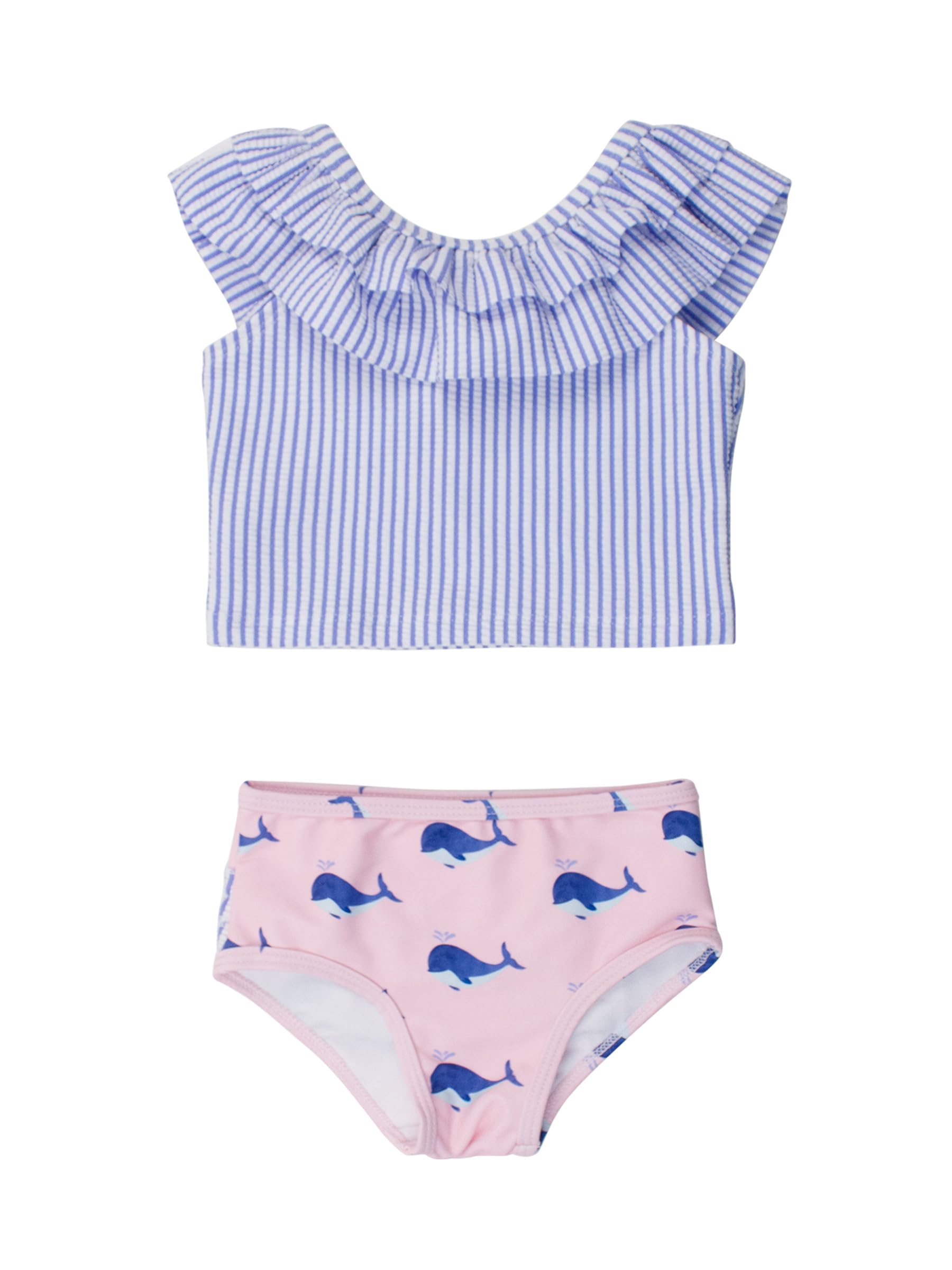 Rufflebutts Baby/Toddler Girls Cropped 2-Piece Sleeveless Tankini Swimsuits With Upf50+ Sun Protection - Pink Whale Friends, 4T