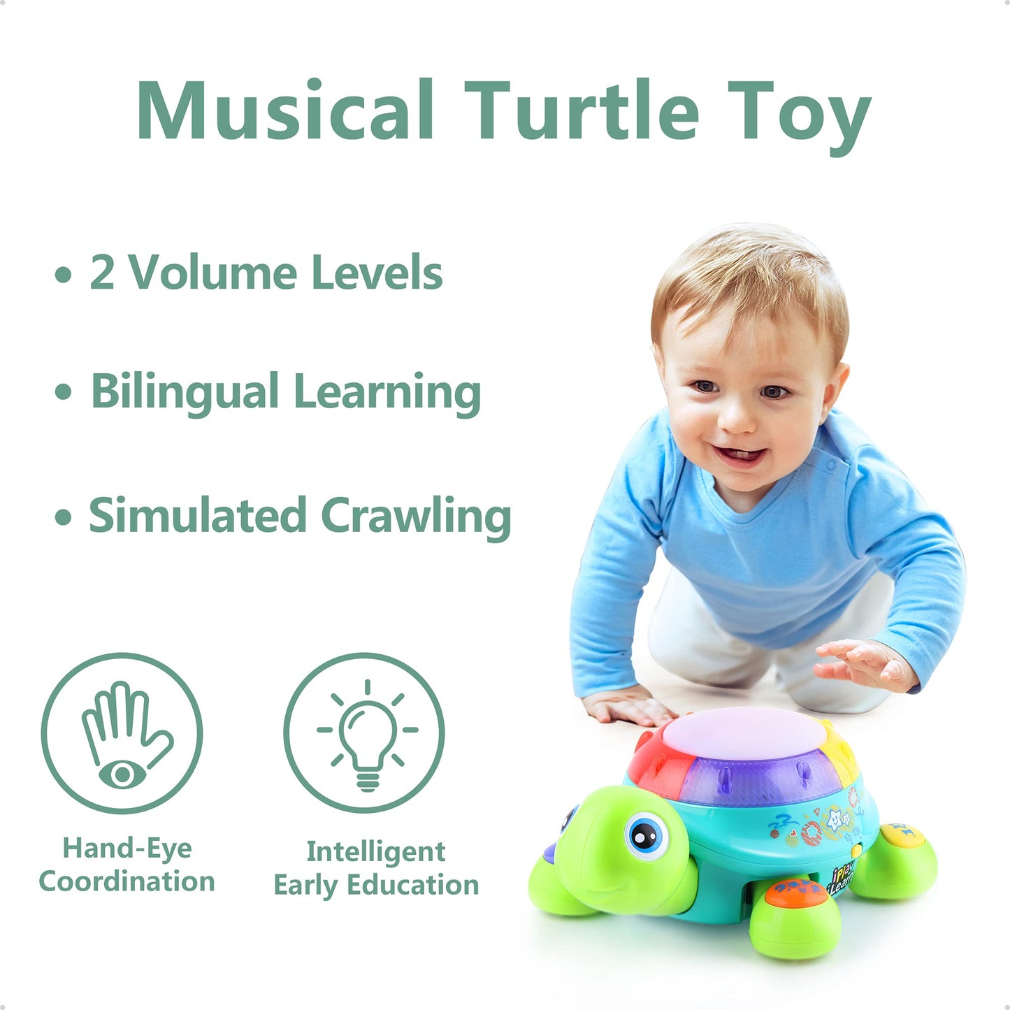 iPlay, iLearn Baby Musical Turtle Toy, Infant Crawling Toys Light Sound, Toddler Spanish English Bilingual Learning Educational,
