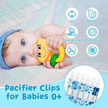 Babygoal Ocean Blue Pacifier Clips, 6 Pack Binky Paci Holder Clips And Leash For Boys And Girls Fits For Most Pacifier, Binkie S