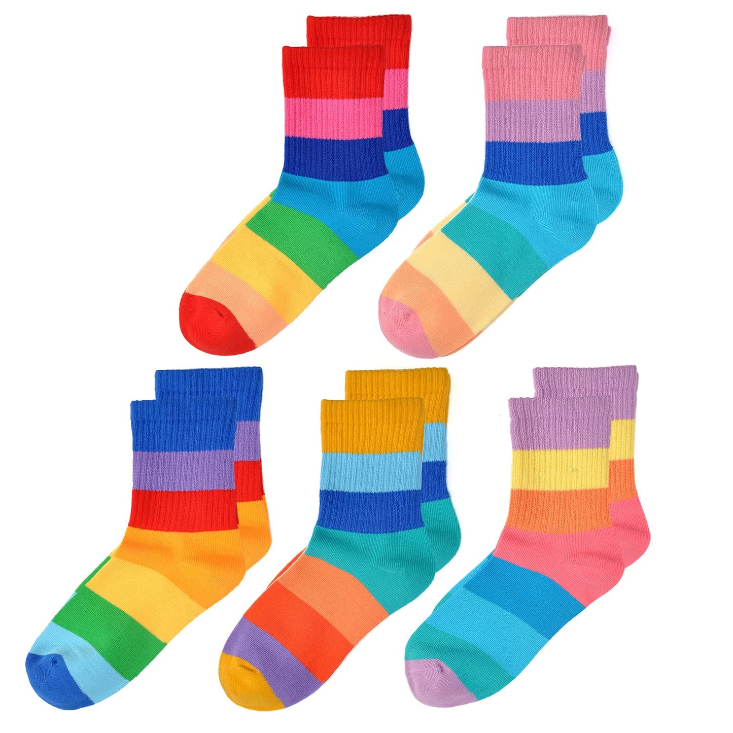 Epeius Girls Seamless Socks Rainbow Striped Crew Socks Baby Girl Cotton Dress Socks For 9-12 Years,Smooth Toes Socks 5 Pack Shoe