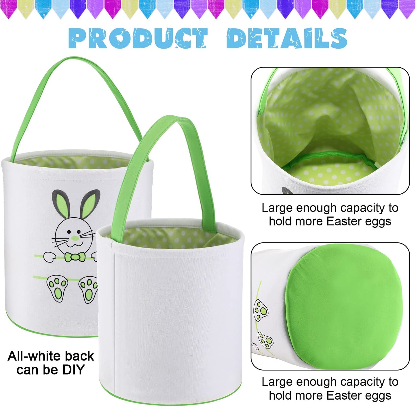 4 Pieces Easter Bunny Basket Egg Bags For Kids Cloth Tote Bags Canvas Cotton Empty Personalized Candy Egg Basket Bunny Print Buc