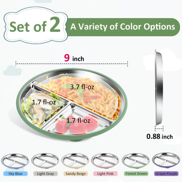 Bakpoco Stainless Steel Toddler Plate With Suction, 9    Divided Plates With Removable Silicone Sleeves For Baby, Non Toxic & Bp