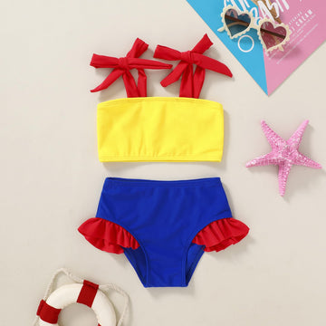 Younger Tree Toddler Girls Two Pieces Swimsuit Color Block Stripe Swimwear Summer Beach Bathing Suit 18M-5T(Blue#Yellow 12-18 Mo
