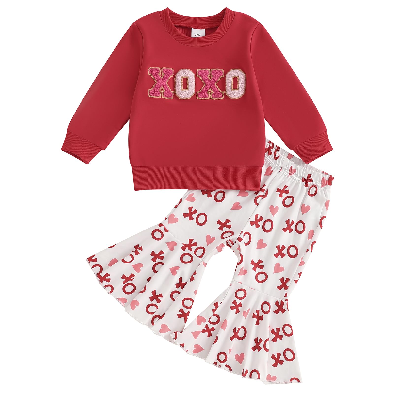 Engofs Toddler Baby Girl Valentines Day Outfit Long Sleeve Letter Print Sweatshirt Flared Pants Set (V3 Red, 18-24 Months)