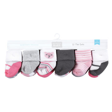 Hudson Baby Baby Girls Cotton Rich Newborn And Terry Socks, Bear Girl 12-Pack, 0-6 Months Us