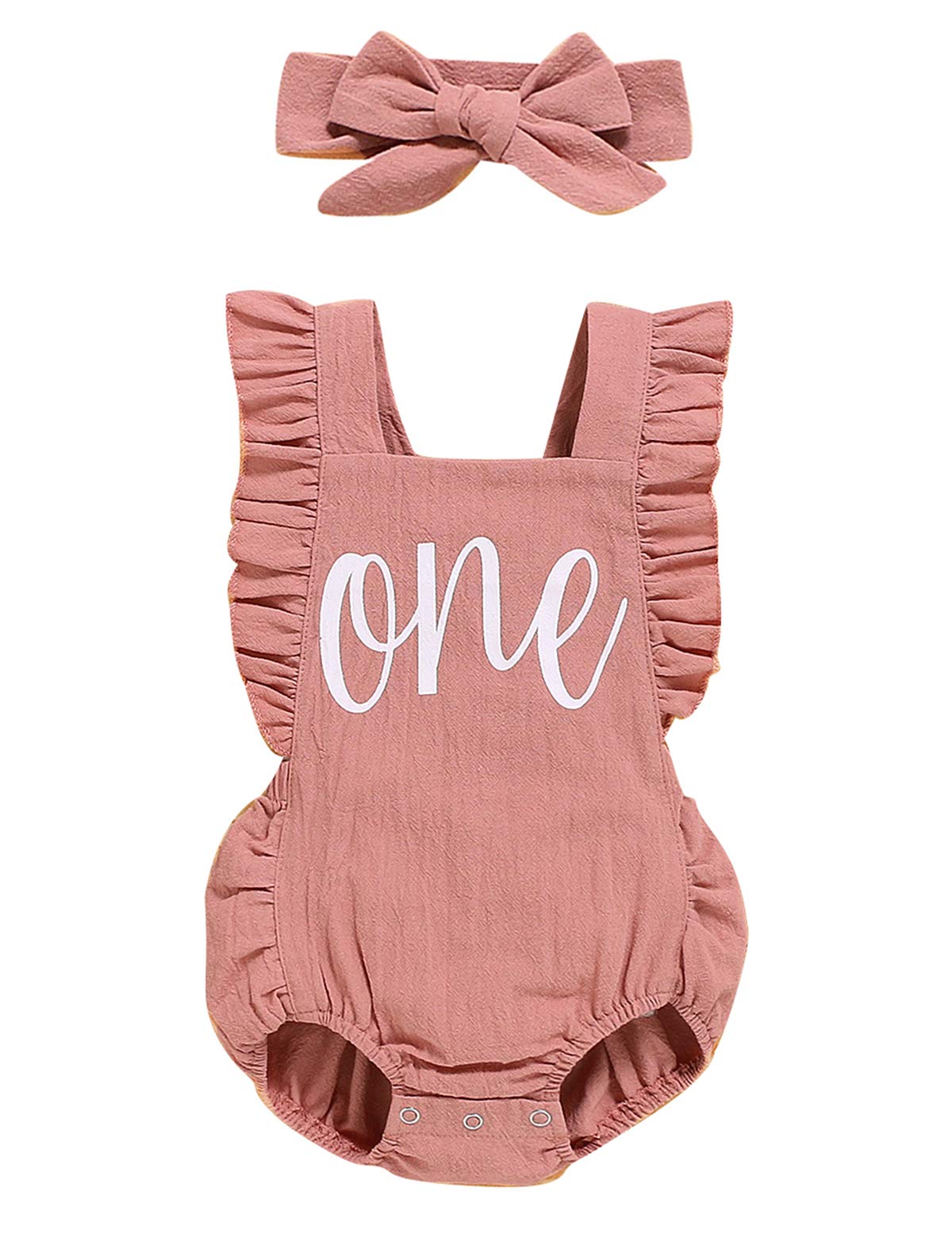 Detigee Baby Girl 1St Birthday Bodysuit Toddler Backless Jumpsuit With Headband (Pink01,12-18 Months)