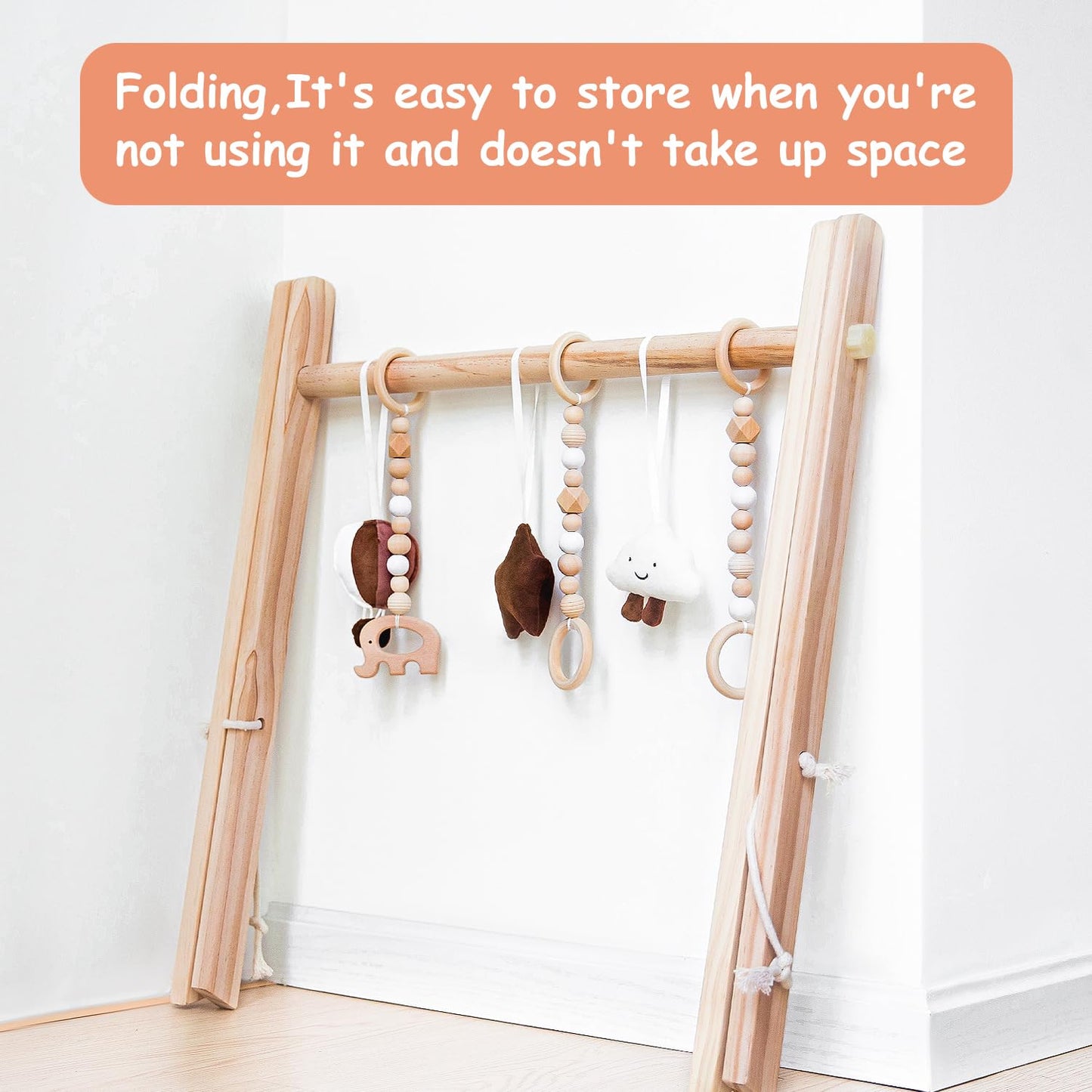 Razee Wooden Baby Play Gym Play Mat, Baby Gym With 6 Hanging Sensory Toys Foldable Baby Gym For Newborn Shower Gift