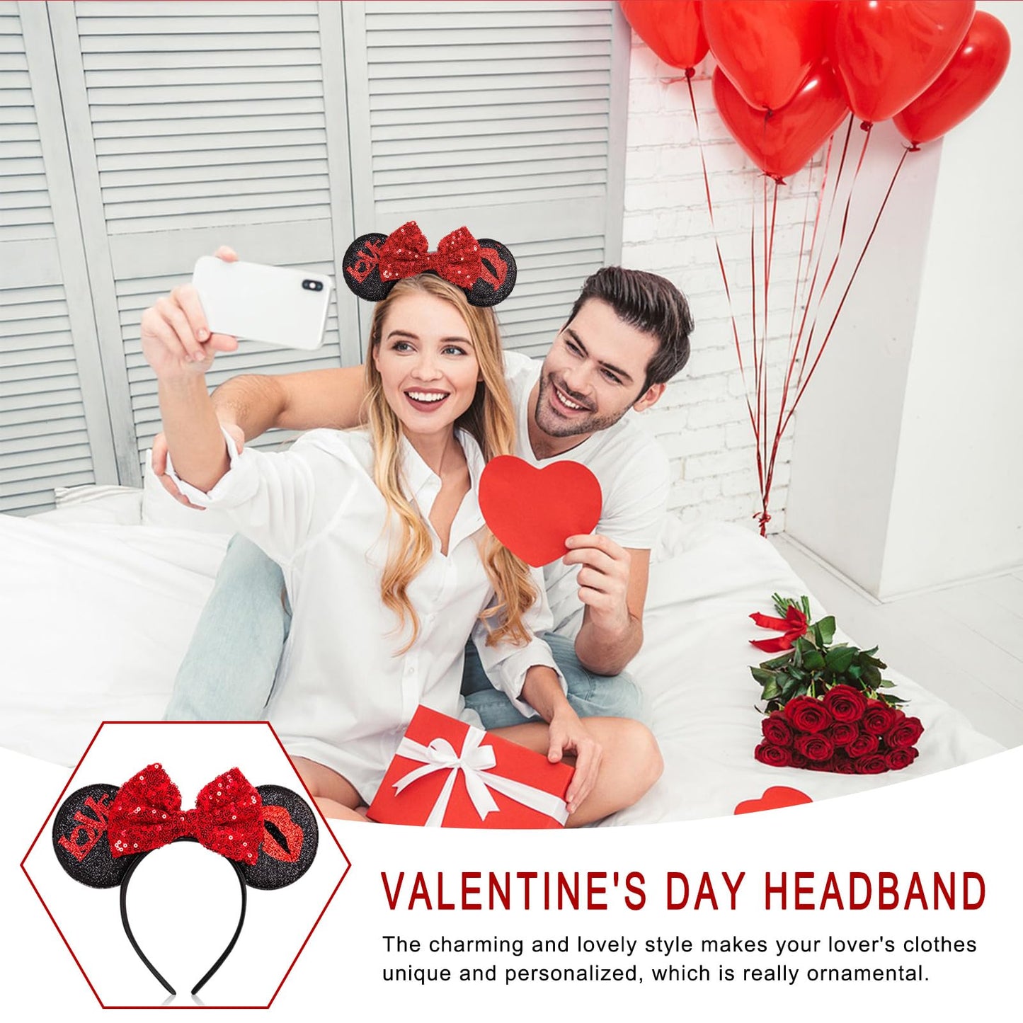 Tebwpiy Valentines Day Headband Hair Bands Mouse Ears Red Love Lips Bow Sequin Headbands For Women Valentines Day Parties Kids C