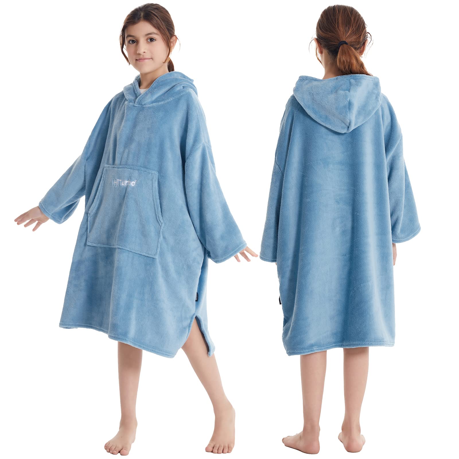 Hiturbo Kids Towel Changing Robe: Soft Plush Wearable Blanket - Warm Coral Fleece Hoodie - Swim Surf Poncho For 5-12 Years (Blue