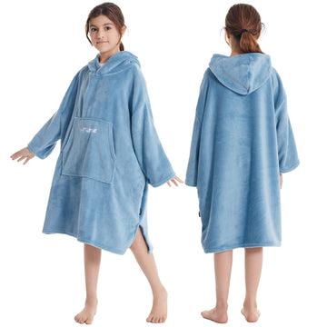 Hiturbo Kids Towel Changing Robe: Soft Plush Wearable Blanket - Warm Coral Fleece Hoodie - Swim Surf Poncho For 5-12 Years (Blue