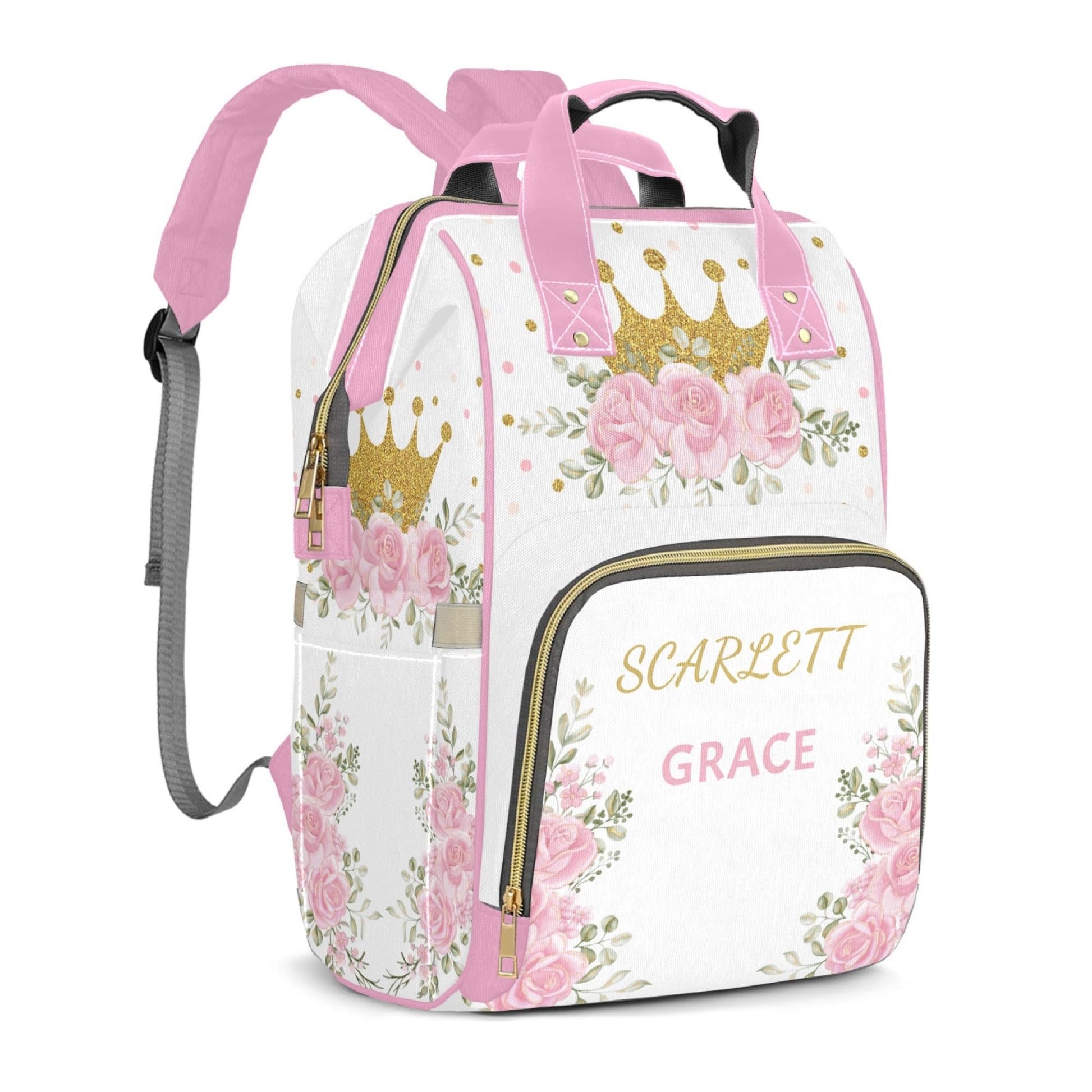 Custom Diaper Bag Mommy Bag with Multi-function Shoulders Outdoor Backpack for Newborn Baby Boy Floral Crown, Pink Customized Na