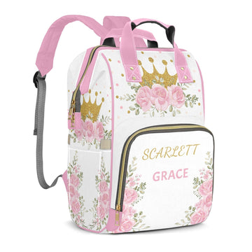Custom Diaper Bag Mommy Bag with Multi-function Shoulders Outdoor Backpack for Newborn Baby Boy Floral Crown, Pink Customized Na
