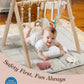 Wooden Play Gym With Beige Mat, Foldable Baby Play Gym, Infant Activity Mat With 6 Hanging Toys, Natural Pine Wood Frame Activit