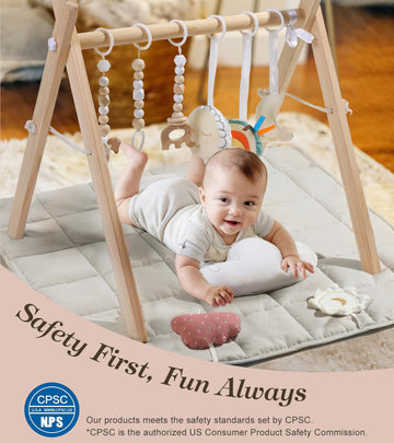 Wooden Play Gym With Beige Mat, Foldable Baby Play Gym, Infant Activity Mat With 6 Hanging Toys, Natural Pine Wood Frame Activit