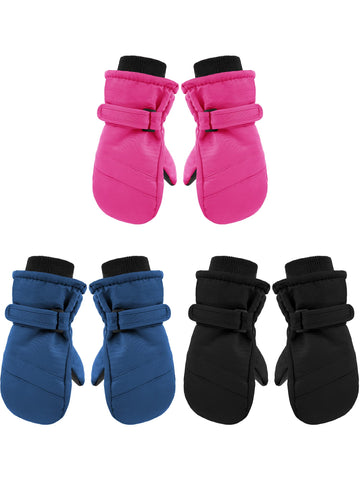 Geyoga 3 Pairs Kids Waterproof Mittens Thicken Toddler Winter Snow Gloves Warm Ski Gloves for Girls Boys (Blue, Black, Rose Red,