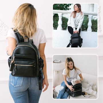 Miss Fong Mini Diaper Bag Backpack Leather Diaper Bag, Baby Diaper Bag, Small Diaper Bag, 11 Pockets Diaper Bag Organizer With H