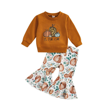 Wybzd Baby Girl Halloween Outfit Pumpkin Pie Crewneck Sweatshirt Shirt Top Bell-Bottom Pants Sets Cute Toddler Clothes Pumpkin F