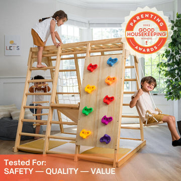 Avenlur Magnolia Indoor Playground 6-In-1 Jungle Gym Montessori Waldorf Style Wooden Climber Playset Slide, Rock Climbing Wall,