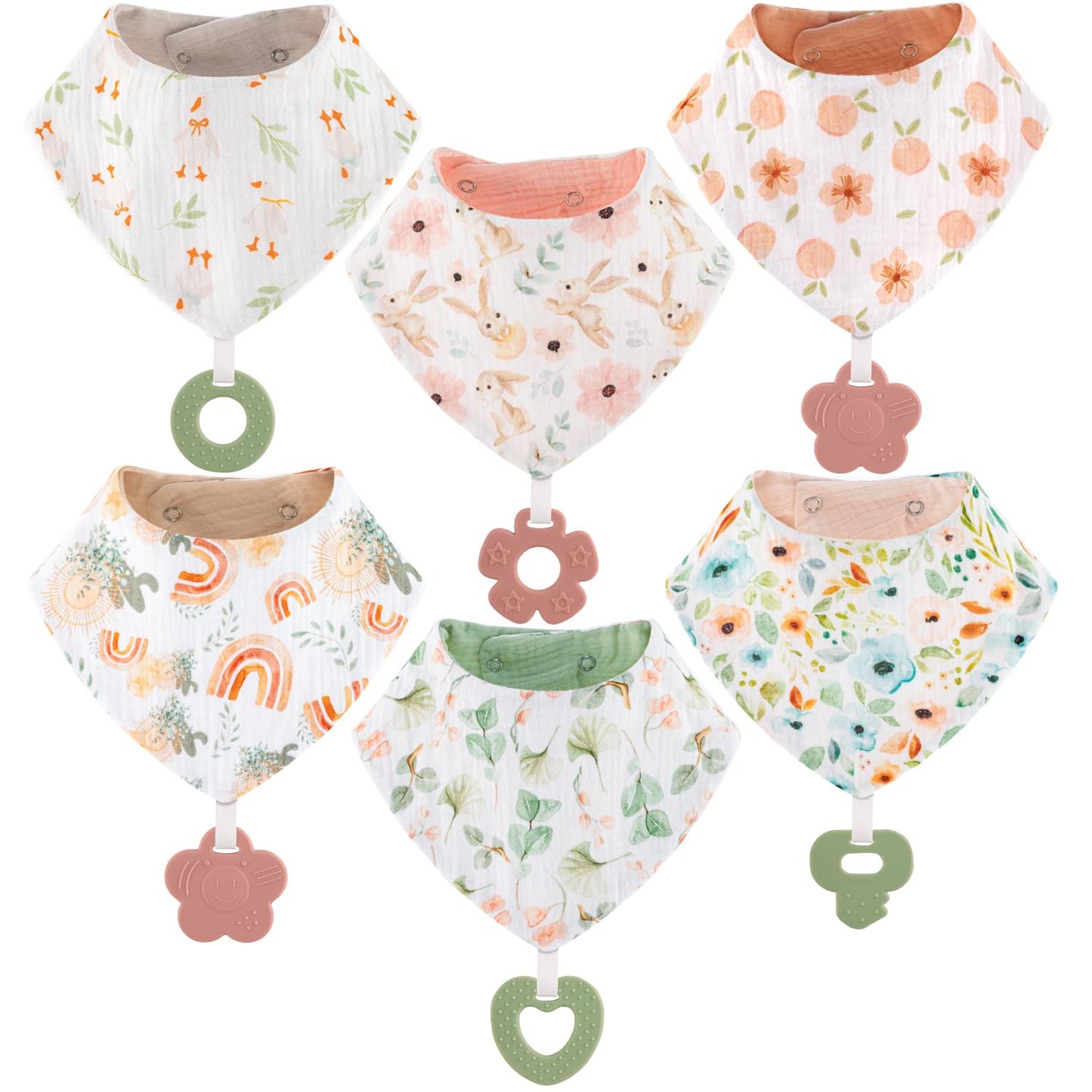 Vuminbox Muslin Baby Bibs Bandana Drool Bibs 6-Pack And Teething Toys 6-Pack Made With 100% Organic Cotton, Absorbent And Soft P