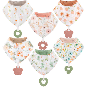 Vuminbox Muslin Baby Bibs Bandana Drool Bibs 6-Pack And Teething Toys 6-Pack Made With 100% Organic Cotton, Absorbent And Soft P