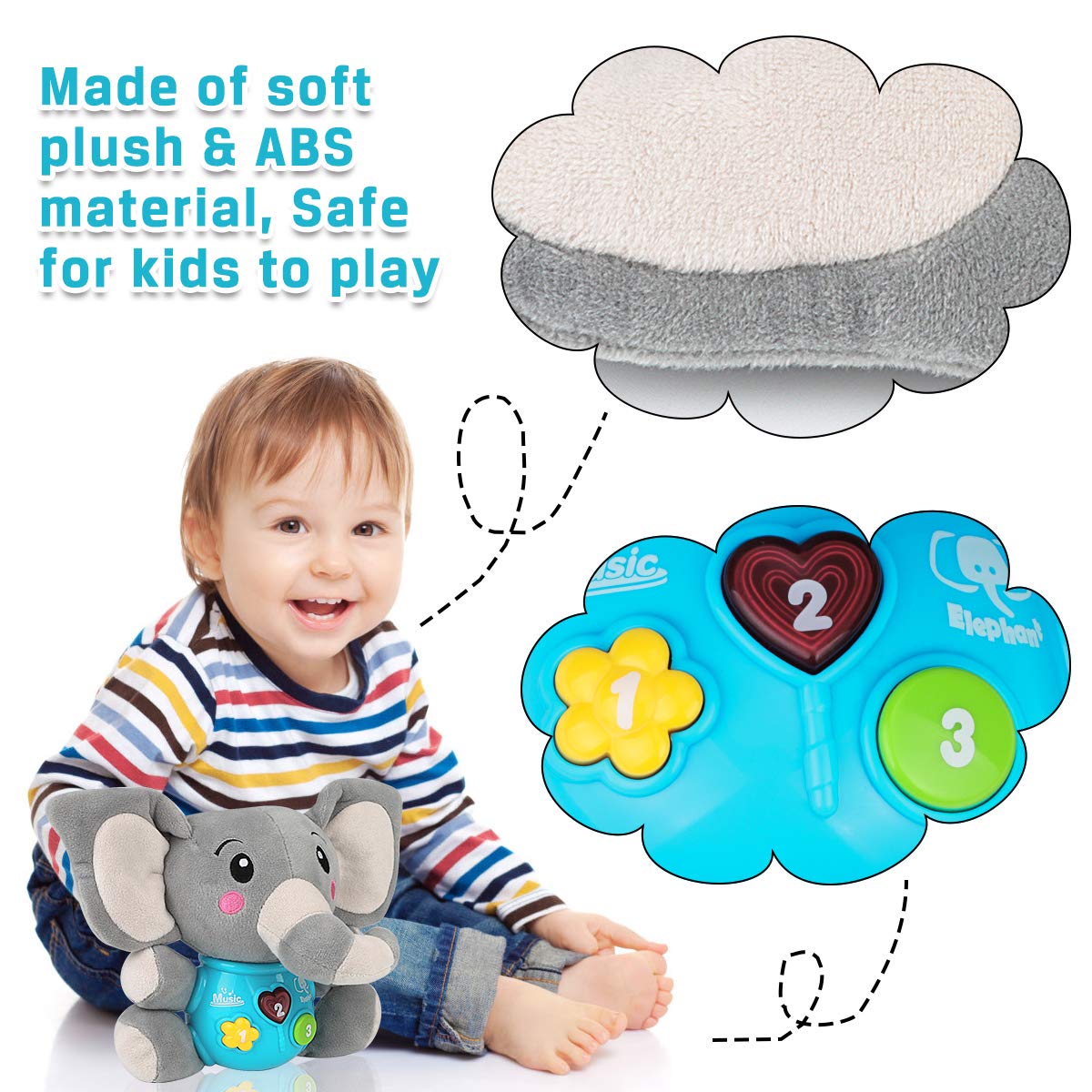 Aitbay Plush Elephant Music Baby Toys 0 3 6 9 12 Months, Cute Stuffed Aminal Light Up Baby Toys Newborn Baby Musical Toys for In