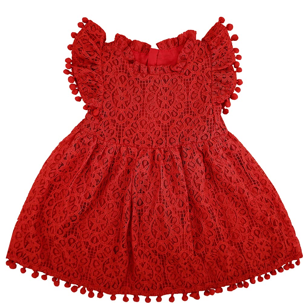 Bgfks Baby Girl Tutu Dress Elegant Lace Pom Pom Flutter Sleeve With Flower Headband Set(Red,6 Months)