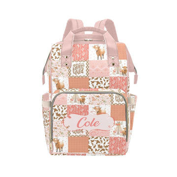 Personalized Highland Cow Pink Diaper Bag with Name - Custom Baby Bag, Nursing Tote Backpack for Mom, Custom Name Mommy Daypack,